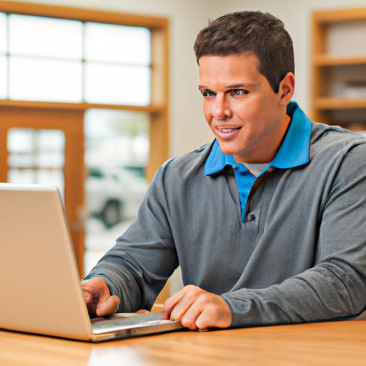 Một chủ doanh nghiệp cười và kiểm tra trang web chuyên nghiệp của mình trên một chiếc laptop.