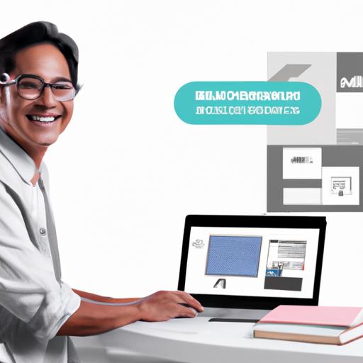 Một chủ doanh nghiệp cười và sử dụng laptop với một trang web được thiết kế tốt hiển thị trên màn hình