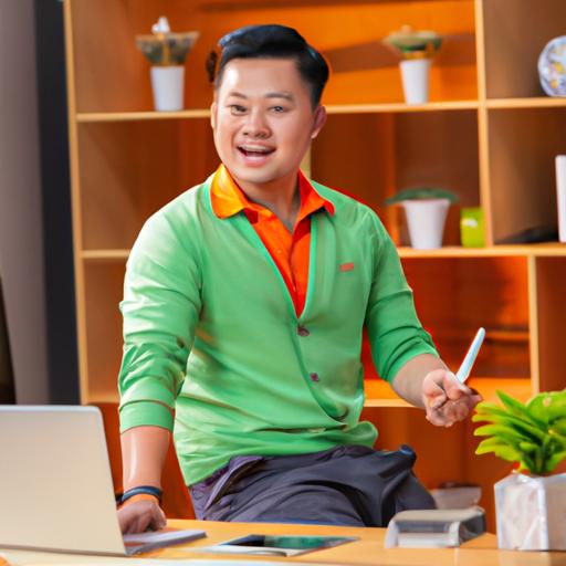 Chủ doanh nghiệp cười và tương tác với khách hàng thông qua một trang web được thiết kế chuyên nghiệp tại Than Uyên.