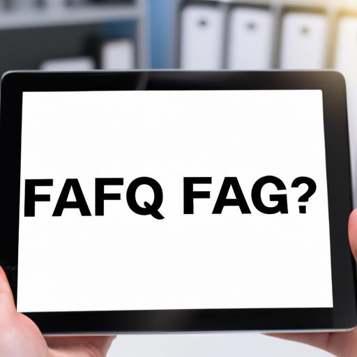 Hình ảnh chụp từ gần của một người cầm một chiếc máy tính bảng với dòng chữ 'Marketing Department FAQ' hiển thị trên màn hình.