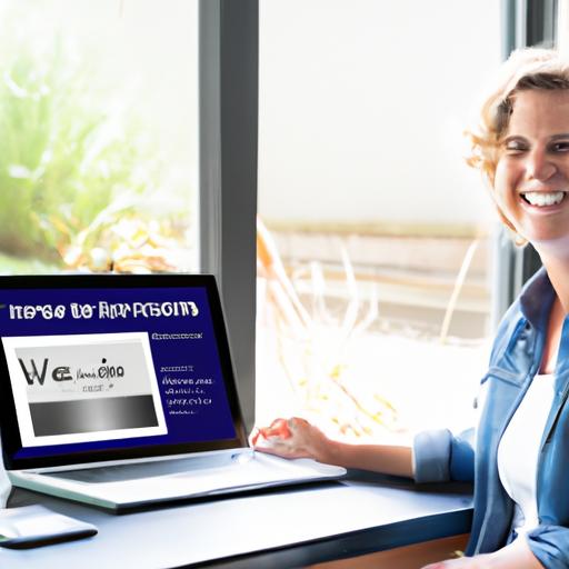 Một chủ doanh nghiệp cười và sử dụng laptop với một trang web được thiết kế tốt hiển thị trên màn hình.