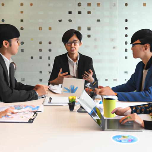 Nhóm các chuyên gia marketing thảo luận về chiến lược marketing trong một văn phòng hiện đại.